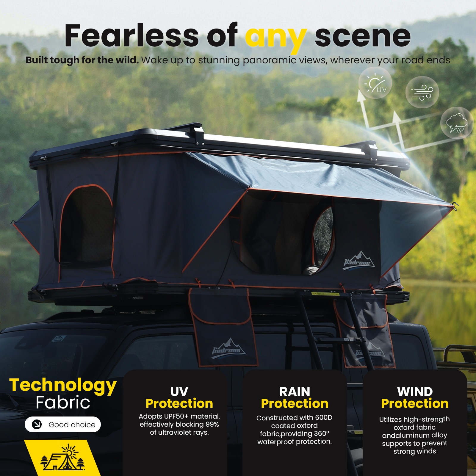 Jiadrooe Titan Series standard aluminum hard shell roof top tent with top-mounted gear crossbars