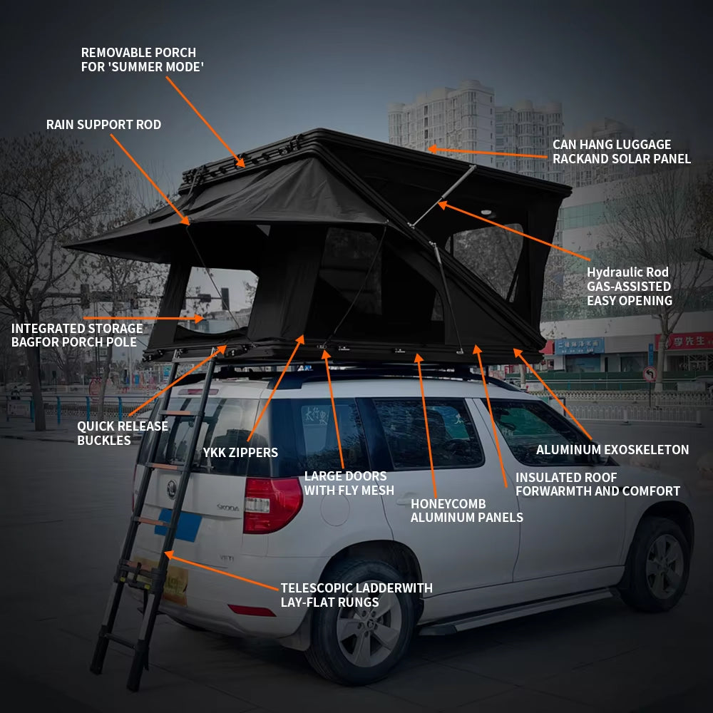 Jiadrooe Titan T3077 Z-Shape Aluminum Hard Shell Rooftop Tent with Double Usable Headroom & Crossbars