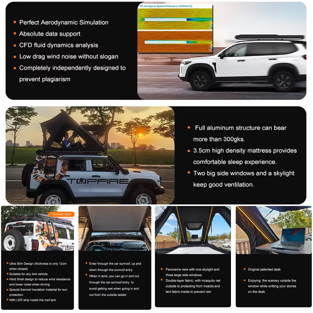 Jiadrooe Pioneer P7071 Lightweight ABS Hard Shell Rooftop Tent with 5000mm Canvas & 3-Layer Mattress