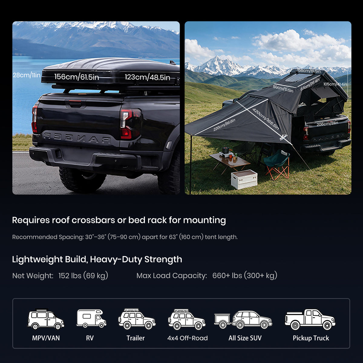 Jiadrooe Titan T3033 ABS Hard Shell Rooftop Tent with Scissor-Lift Headroom, Removable Awning & AC Port
